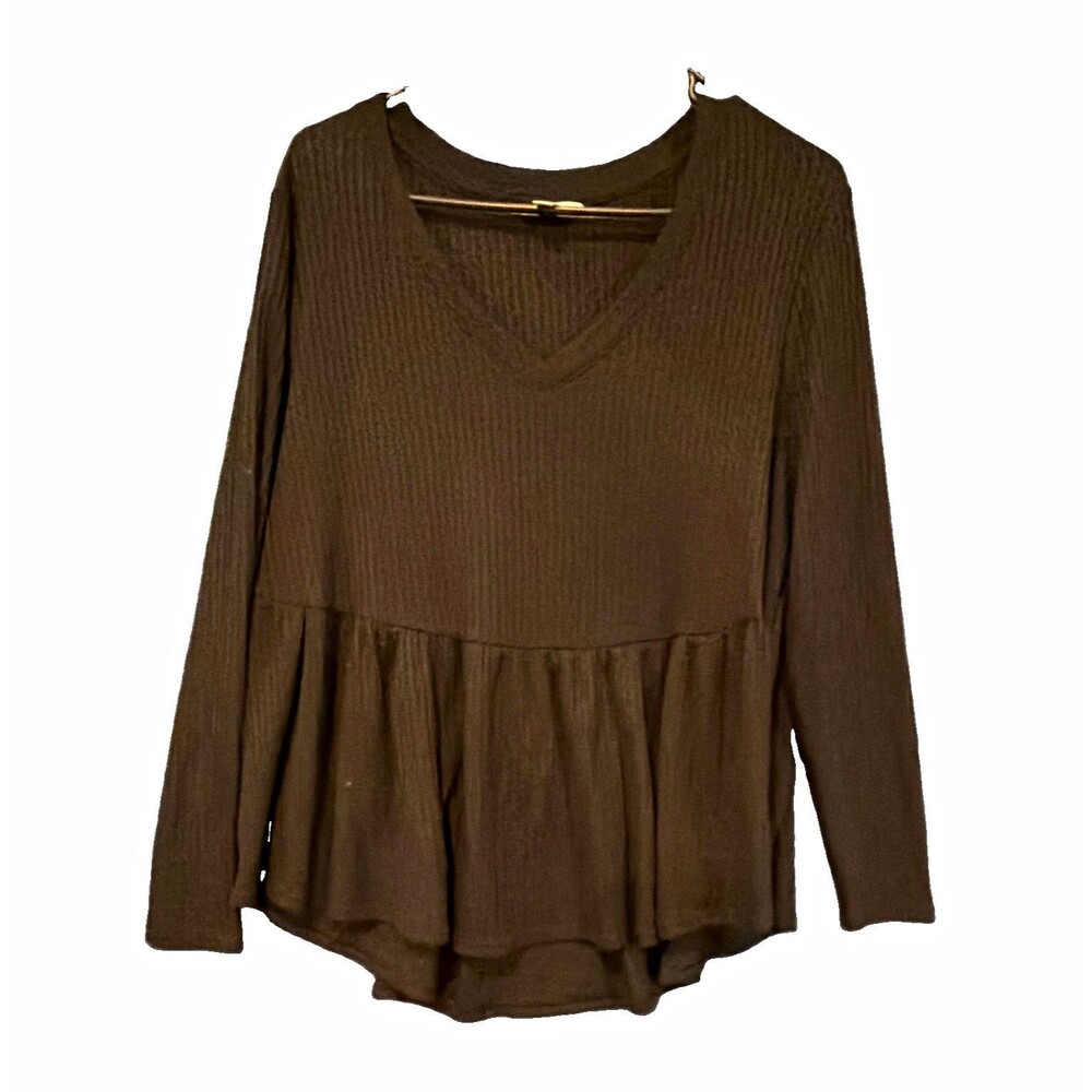 Terra & Sky Women’s 0X Plus Black Ribbed Knit V-Neck Long Sleeve Ruffle Top